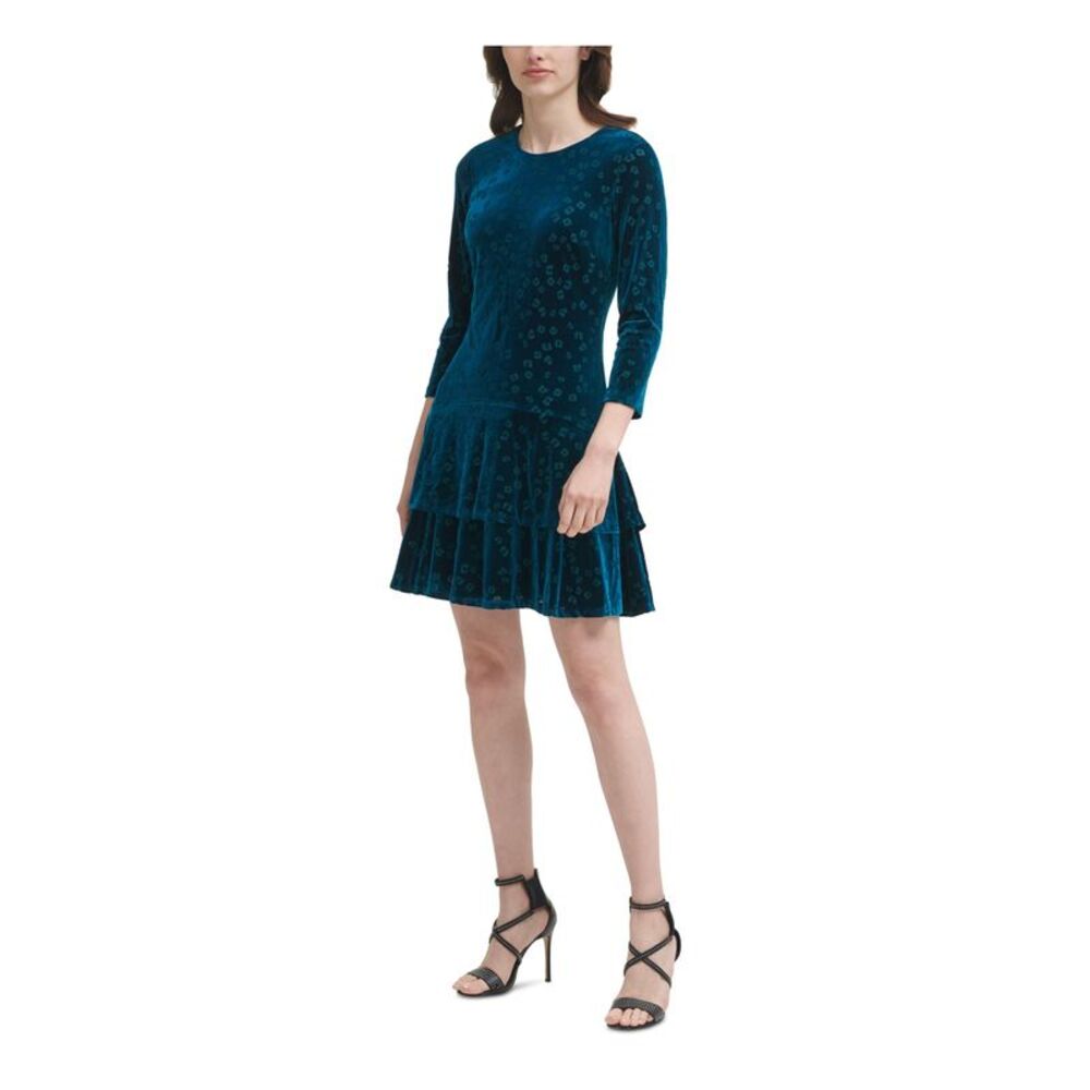 DKNY Womens Teal Hem 3/4 Sleeve Crew Neck Short Evening Fit + Flare Dress 16